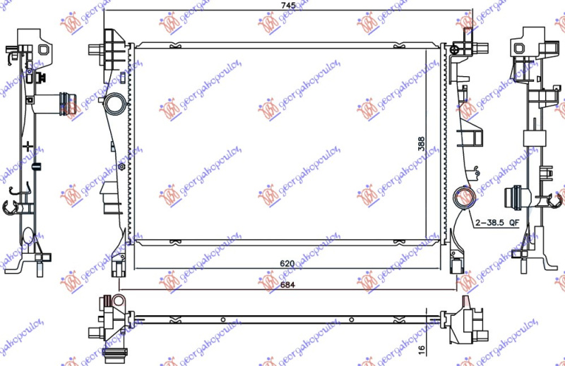 Radiator për motor 1.4i TURBO benzinë/1.6 CRD dizel (marsh manual/automatik) (620x388x16)