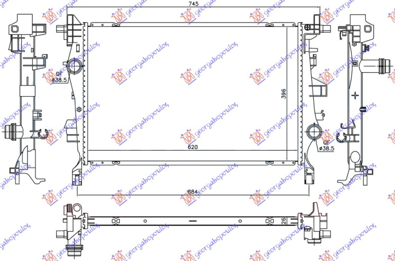 Radiator për motor 2.0 MJTD dizel (marsh manual/automatik) (620x396x26)