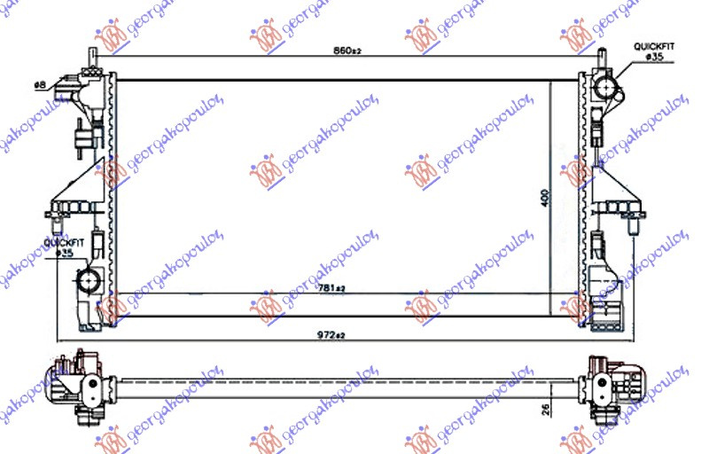 Radiator për motor 2.2 HDi dizel (marsh manual) (me/pa kondicioner) (motor PUMA C) (780x390x26)