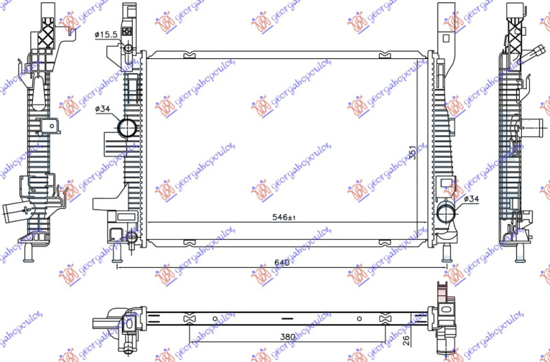 Radiator për motor 1.5 TDCi (marsh automatik) dizel (546x351x26)