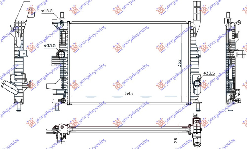 Radiator për motor 1.0 EcoBoost benzinë (543x362x26) (KOYO)