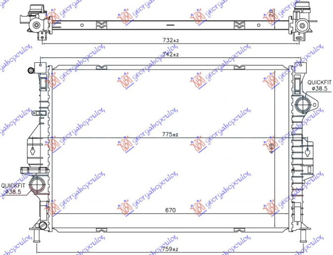 Radiator për motor 1.6 EcoBoost (marsh automatik) benzinë -15 (670x449x26)