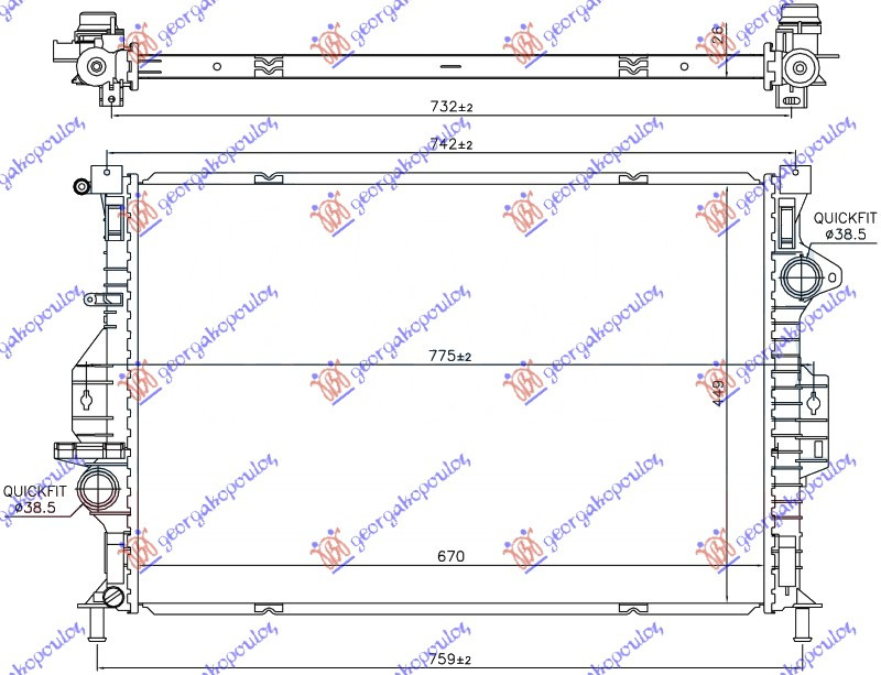 Radiator për motor 1.6 EcoBoost (marsh automatik) benzinë -15 (670x449x26)