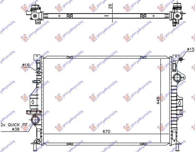 Radiator për motor 2.0 TDCi (marsh automatik) dizel -15 (670x448x26)