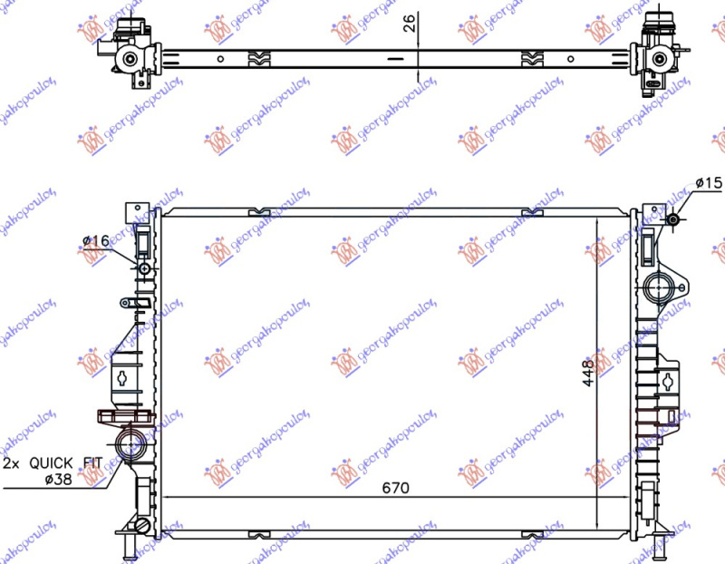 Radiator për motor 2.0 TDCi (marsh automatik) dizel -15 (670x448x26)