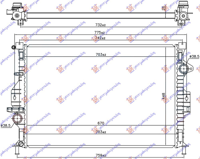 Radiator për motor 1.6 EcoBoost benzinë 2.0 TDCi (marsh manual) dizel -15 (670x449x26)