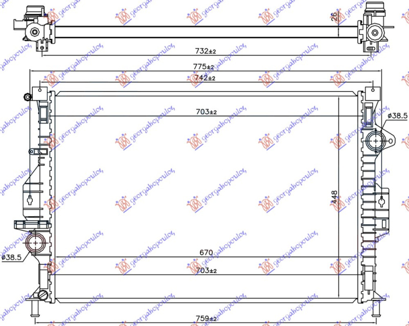 Radiator për motor 1.6 EcoBoost benzinë 2.0 TDCi (marsh manual) dizel -15 (670x449x26)