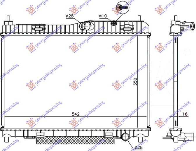 Radiator për motor 1.6 benzinë (marsh manual/automatik) (me/pa kondicioner) (56.3x35)