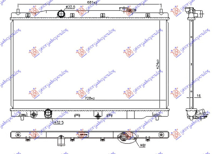 Radiator për motor 2.0i 16V benzinë (marsh manual/automatik) (425x750x16)