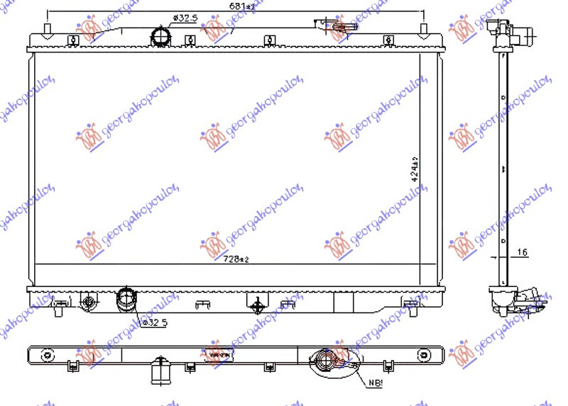 Radiator për motor 2.0i 16V benzinë (marsh manual/automatik) (425x750x16) (KOYO)