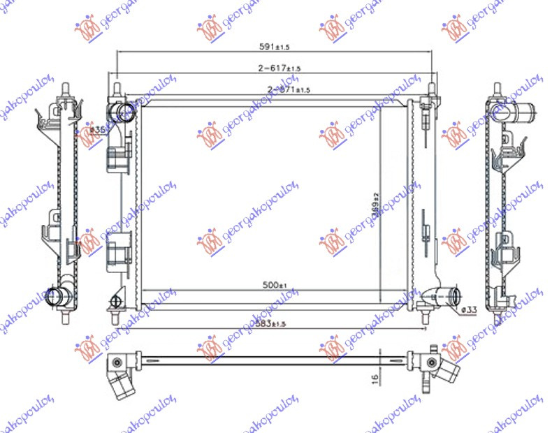 Radiator për motor 1.2-1.4i (marsh manual) benzinë (500x380x16)