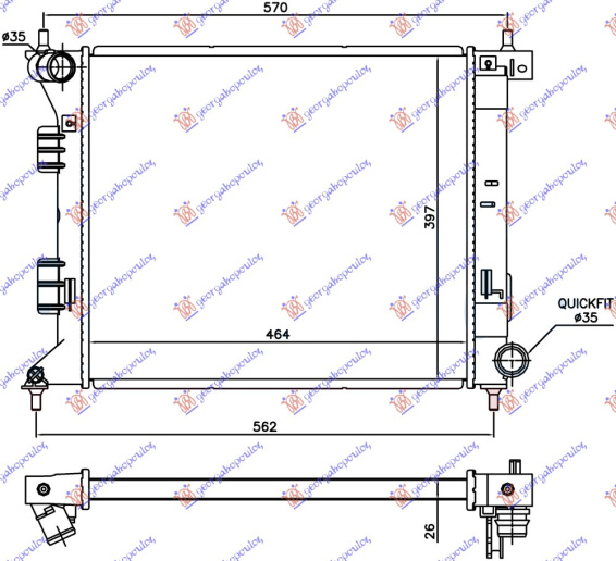 Radiator për motor 1.6 T-GDI benzinë (marsh manual) (464x397x26)