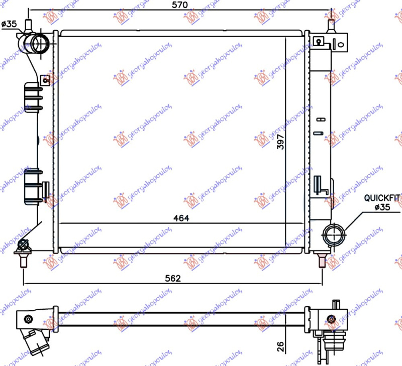 Radiator për motor 1.6 T-GDI benzinë (marsh manual) (464x397x26)
