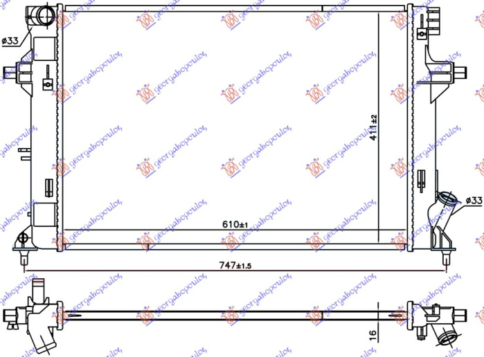 Radiator për motor 1.4/1/6 Mpi benzinë (marsh manual) (610x411x16) (KOYO)