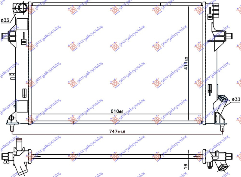 Radiator për motor 1.4/1/6 Mpi benzinë (marsh manual) (610x411x16) (KOYO)