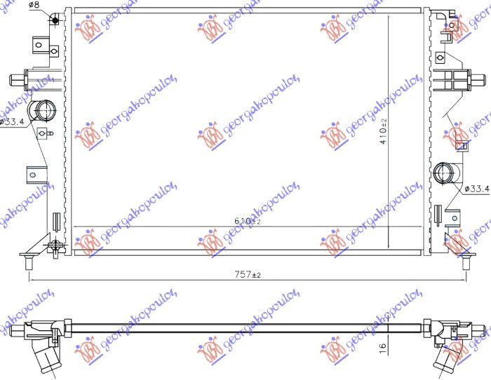 Radiator për motor 1.6 benzinë/hibrid (610x410x16)