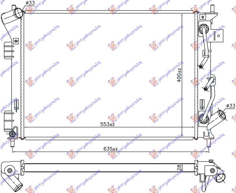Radiator për motor 1.6i-2.0i-1.6 GDI benzinë (marsh automatik) (553x400x28)