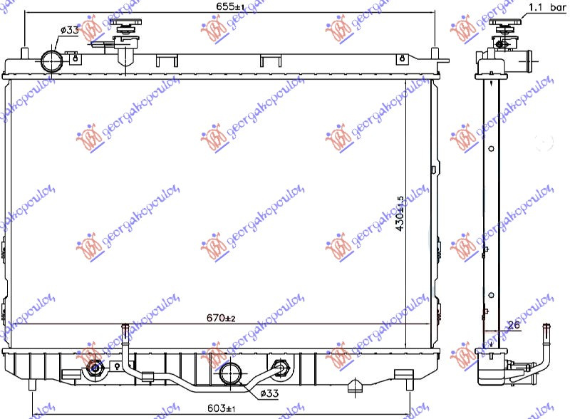 Radiator për motor 2.0i 16v (marsh automatik) (43x67x26)