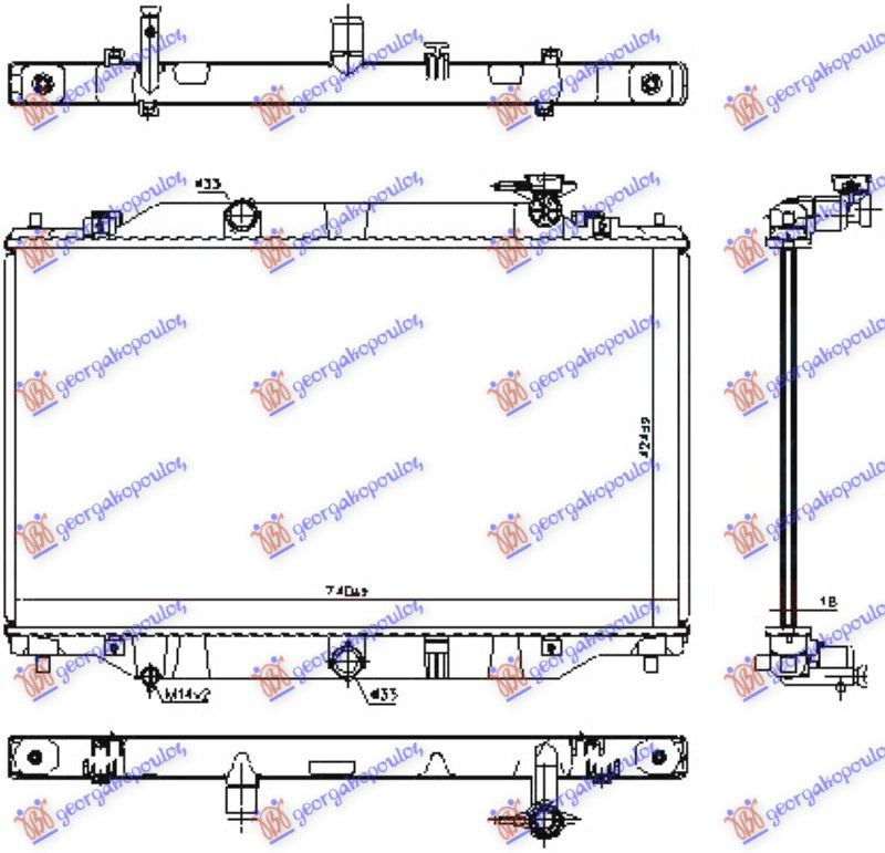 Radiator për motor 2.0-2.5 benzinë (42,5x74,0x16)