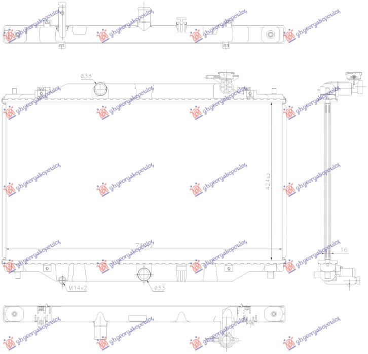 Radiator për motor 2.0-2.5 benzinë (42,5x74,0x16) (KOYO)