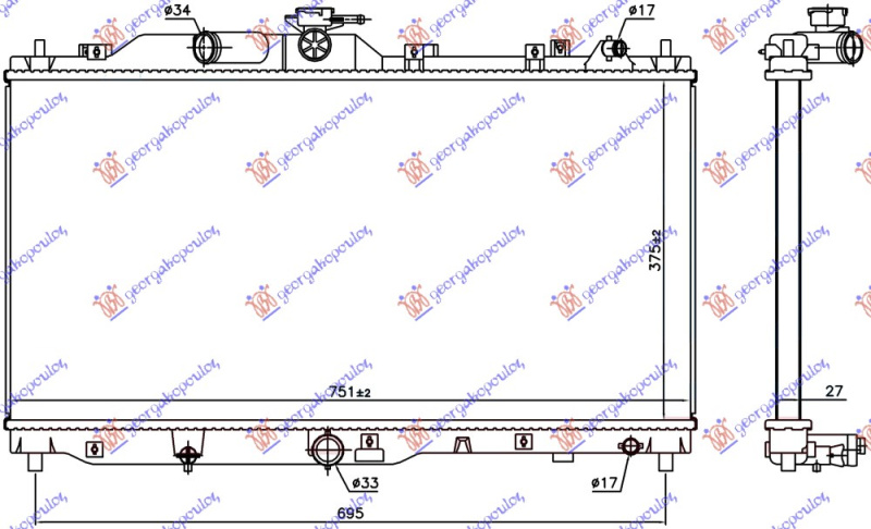 Radiator për motor 1.5 D dizel (375x741x27)