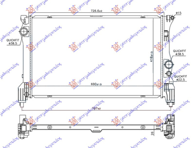 Radiator për motor 2.2 (114/116/119 CDI/ngjyrë e kaltërTEC) (690x418x26)