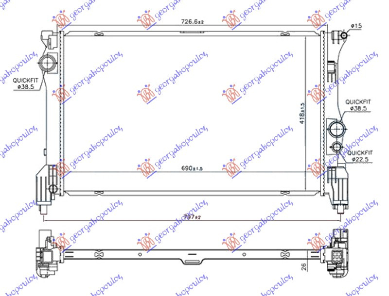 Radiator për motor 2.2 (114/116/119 CDI/ngjyrë e kaltërTEC) (690x418x26)