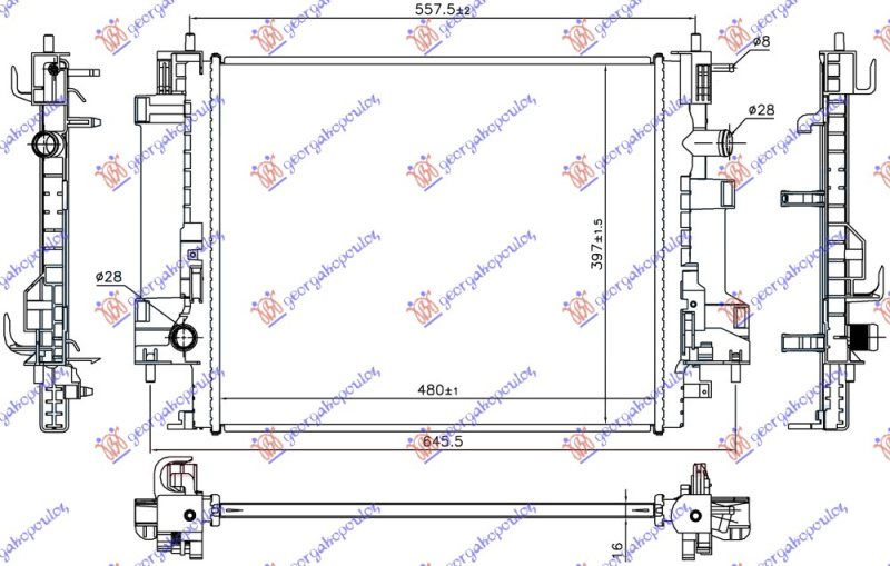 Radiator për motor 0.9 TURBO/1.0 12v benzinë -elektrik (480x397x16)