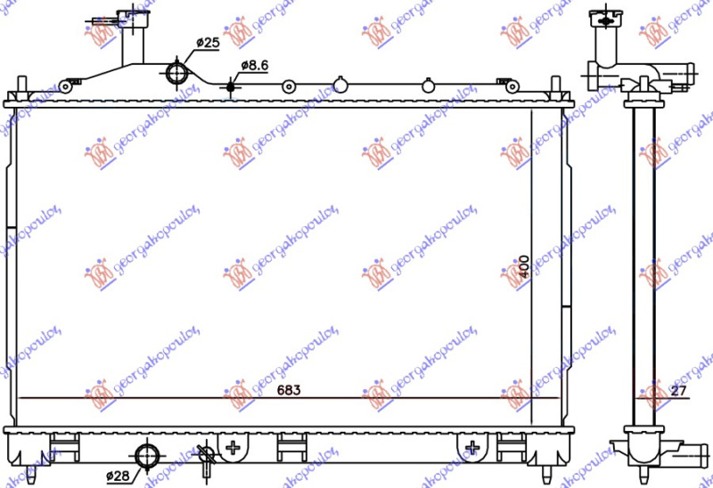 Radiator për motor 2.2 DI-D dizel (marsh manual) (400x683x27) (KOYO)