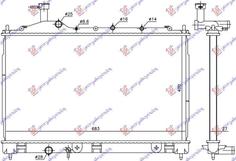 Radiator për motor 2.2 DI-D dizel (marsh automatik) (400x683x27) (KOYO)