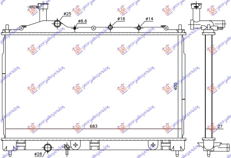 Radiator për motor 2.2 DI-D dizel (marsh automatik) (400x683x27) (KOYO)