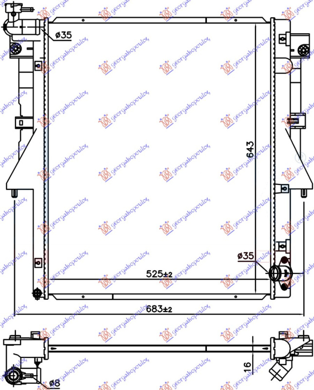 Radiator për motor 2.4 D dizel (525x669x16) (4N15)