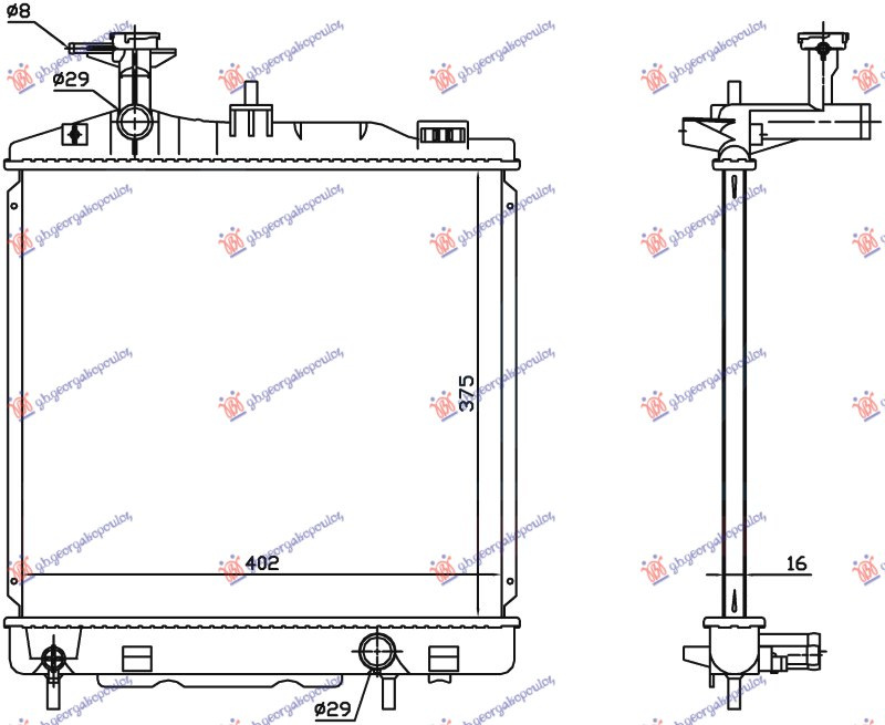Radiator për motor 1.0-1.2 benzinë (marsh manual) (375x395x16) (KOYO)