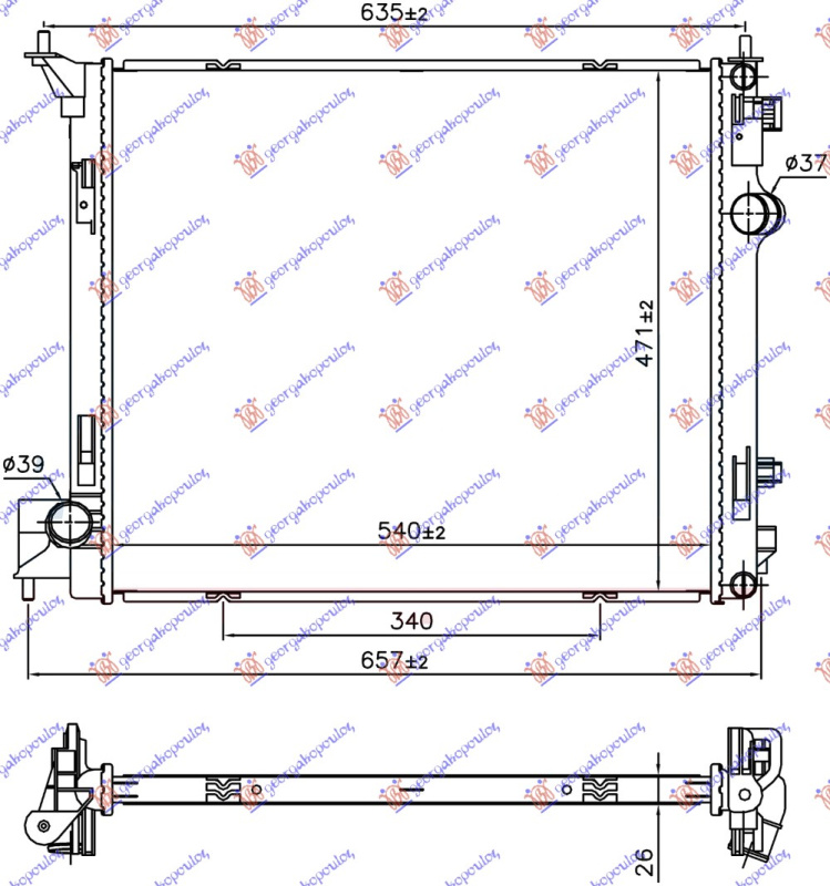Radiator për motor 1,2 DIG-T (marsh automatik)-1.6 DIG-T (marsh manual) benzinë -1.6 dCi dizel (54x47x2.6)