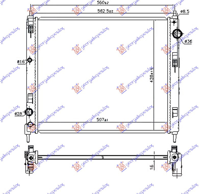 Radiator për motor 1.5 dCi dizel (507x428x16)