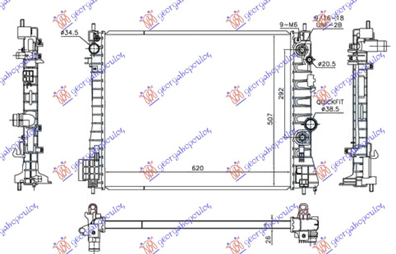 Radiator për motor 1.7 DTi/CDTi (marsh automatik) dizel (620x510x26)