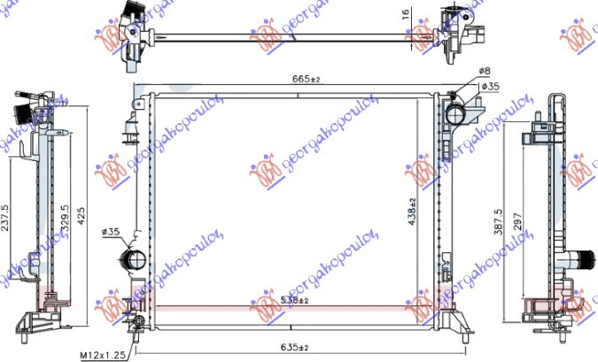 Radiator për motor 1.2 TCE benzinë (marsh manual) - 1.5 TDCi dizel (me asistencë hibride 1) (540x440x16)