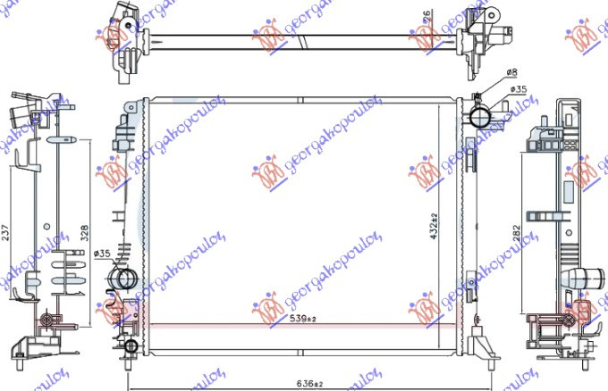 Radiator për motor 1.2 TCE benzinë (marsh automatik) - 1.5 TDCi dizel (me asistencë hibride 2) (540x440x26)