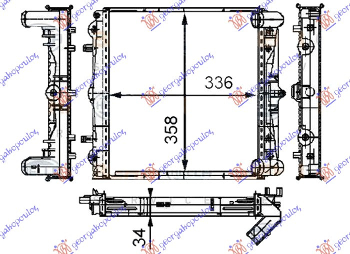Radiator për motor 2.5-2.7-S 3.2 (me/pa kondicioner) (33.6x35.8x3.4) (MAHLE BEHR)