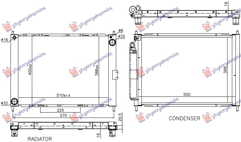 Radiator për motor me fiks konficioner 1.5 dizel (510x388x16)