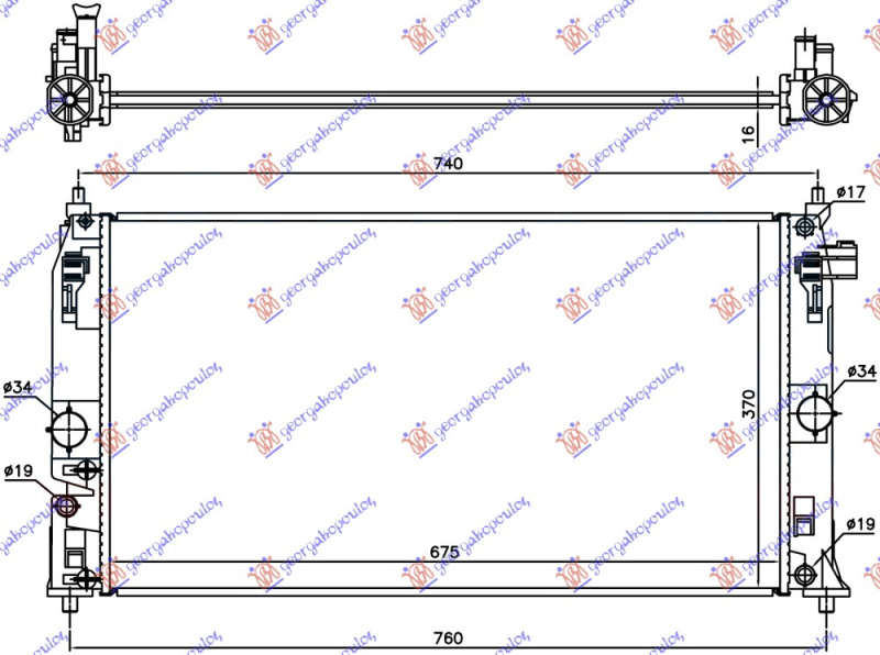 Radiator për motor 1.8 hibrid (675x370x16)